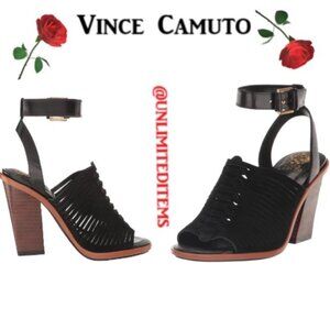 Vince Camuto Womens Frenela Black Suede Woven Block Heel Shoes NWT